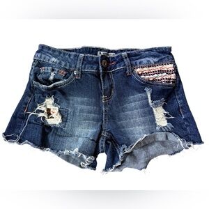 Soundgirl Womens Denim Blue Shorts Distressed Native Aztec Cuffed Fringe Size 3